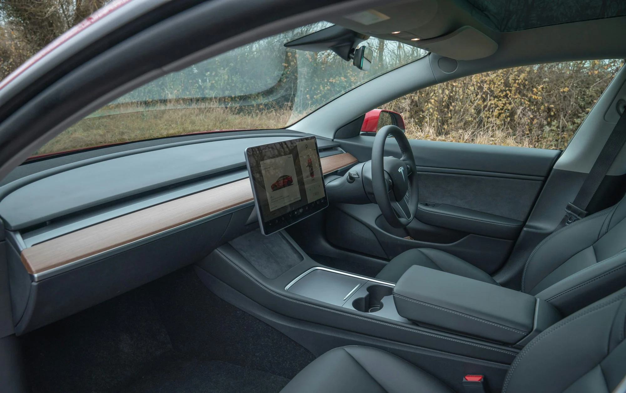 Inside a right-hand-drive Tesla Model 3, looking across the dashboard and touchscreen to the steering wheel, with a winter hedgerow outside