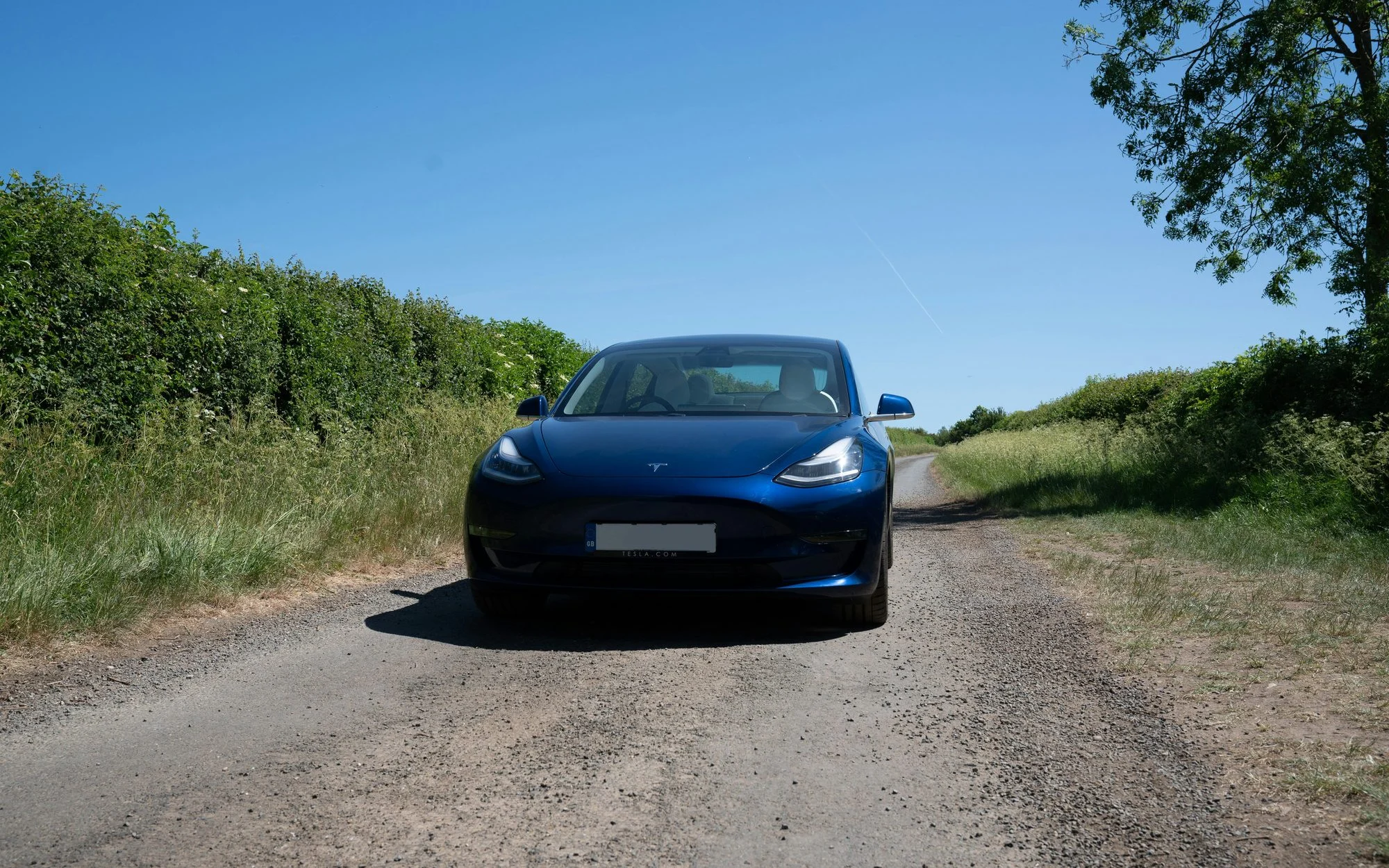 Blue Tesla Model 3 parked on a narrow country lane between green hedgerows on a sunny day